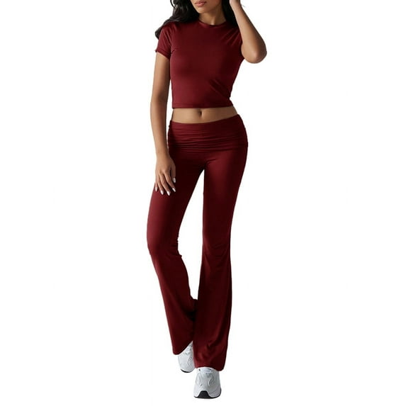 Women'S 2 Piece Outfits Lounge Sets Ruched Short Sleeve Tops High Waisted Wide Leg Pants Tracksuit Sets Wine Red M