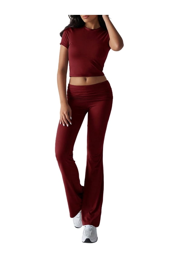 Women'S 2 Piece Outfits Lounge Sets Ruched Short Sleeve Tops High Waisted Wide Leg Pants Tracksuit Sets Wine Red S