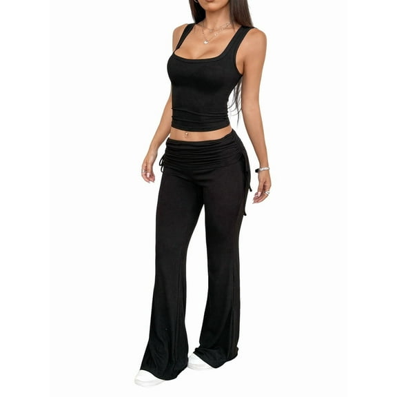 Women'S 2 Piece Outfits Lounge Sets Sleeveless Tank Tops Wide Leg Pants Sets Tracksuits Match Sets Black S