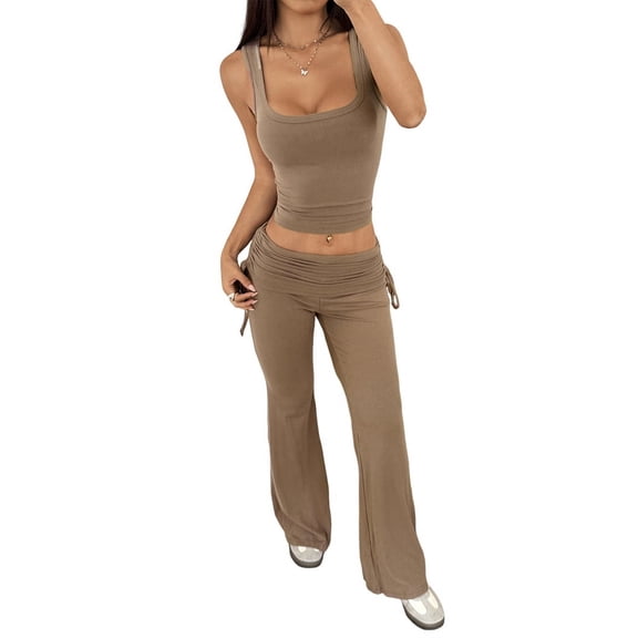 Women'S 2 Piece Outfits Lounge Sets Sleeveless Tank Tops Wide Leg Pants Sets Tracksuits Match Sets Coffee Color S