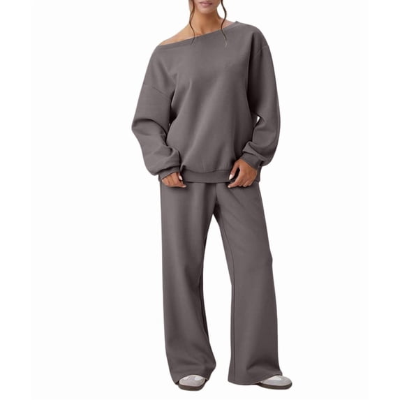 Women'S 2 Piece Outfits Off the Shoulder Crop Top Wide Leg Sweatpants Matching Lounge Sets Gray XXL