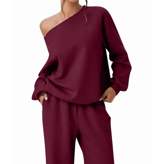 Women'S 2 Piece Outfits Off the Shoulder Crop Top Wide Leg Sweatpants Matching Lounge Sets Wine Red M