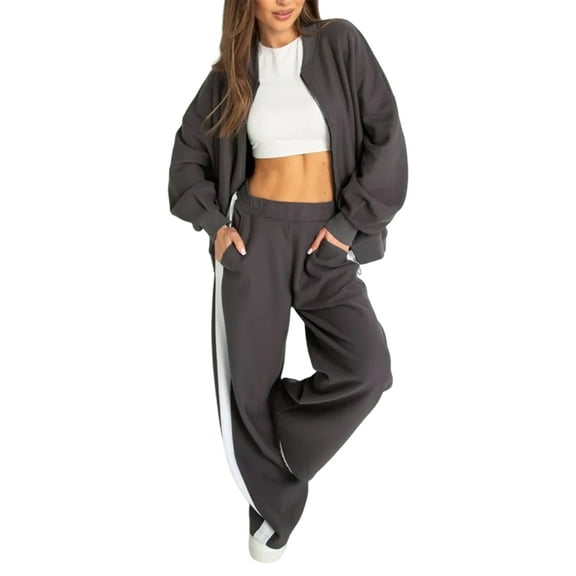 Women'S 2 Piece Outfits Oversized Casual Zip Up Long Sleeve Sweatshirt with Wide Leg Sweatpants Grey L