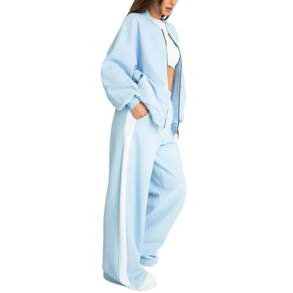 Women'S 2 Piece Outfits Oversized Casual Zip Up Long Sleeve Sweatshirt with Wide Leg Sweatpants Light Blue XL