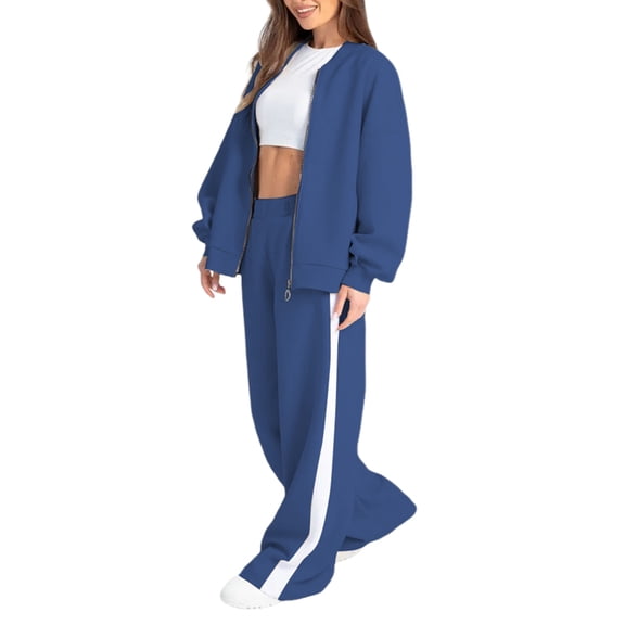 Women'S 2 Piece Outfits Oversized Casual Zip Up Long Sleeve Sweatshirt with Wide Leg Sweatpants Royal Blue M