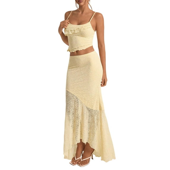 Women'S 2 Piece Outfits Ruffle Trim Crop Top and Low Rise Maxi Skirt Set Light Yellow L