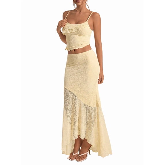 Women'S 2 Piece Outfits Ruffle Trim Crop Top and Low Rise Maxi Skirt Set Light Yellow M