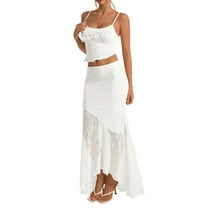 Women'S 2 Piece Outfits Ruffle Trim Crop Top and Low Rise Maxi Skirt Set White L