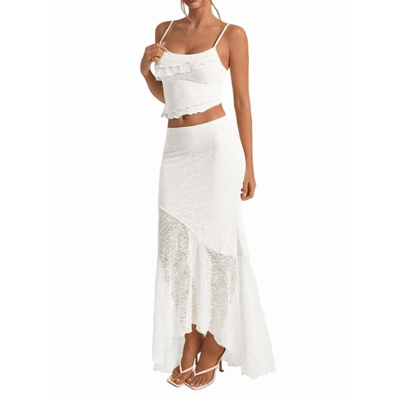 Women'S 2 Piece Outfits Ruffle Trim Crop Top and Low Rise Maxi Skirt Set White XS