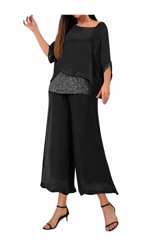 Women'S 2 Piece Outfits Set Glitter Top Wide Leg Pants Casual Crew Neck Sequin Suit Black XXL