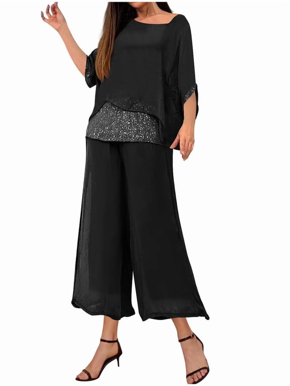 Women'S 2 Piece Outfits Set Glitter Top Wide Leg Pants Casual Crew Neck Sequin Suit Black M