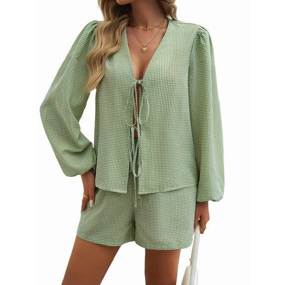 Women'S 2 Piece Outfits Set Long Sleeve Tie Front Top Short Set Casual Tracksuit Pajama Sets Green M