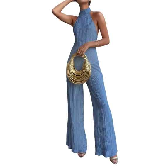 Women'S 2 Piece Outfits Sleeveless Halter Top and Wide Leg Pants Set Royal Blue M