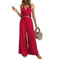 thumbnail image 1 of Women'S 2 Piece Outfits Sleeveless Tie Front Crop Top Wide Leg Pants Set Red XL, 1 of 7
