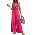 thumbnail image 1 of Women'S 2 Piece Outfits Sleeveless Tie Front Crop Top Wide Leg Pants Set Rose Red S, 1 of 7