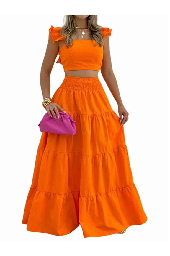 Women'S 2 Piece Outfits Spaghetti Strap Crop Top and Smocked Waist Ruffle Swing Long Skirt Set Orange M