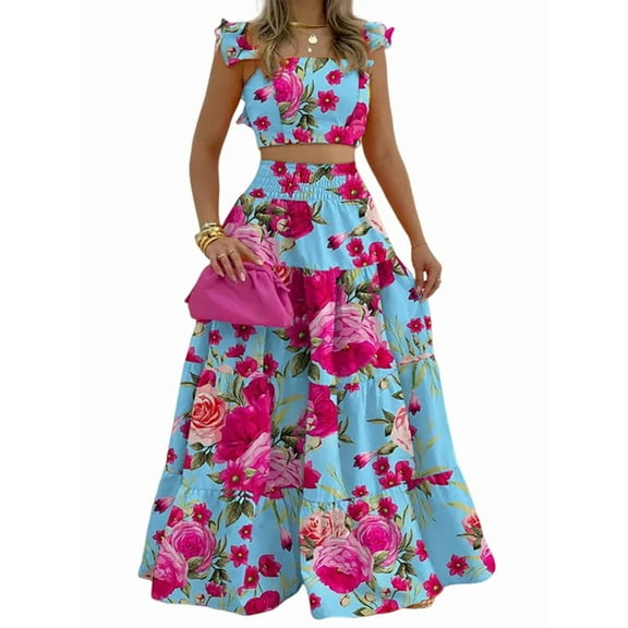 Women'S 2 Piece Outfits Spaghetti Strap Crop Top and Smocked Waist Ruffle Swing Long Skirt Set Pink Flowers L