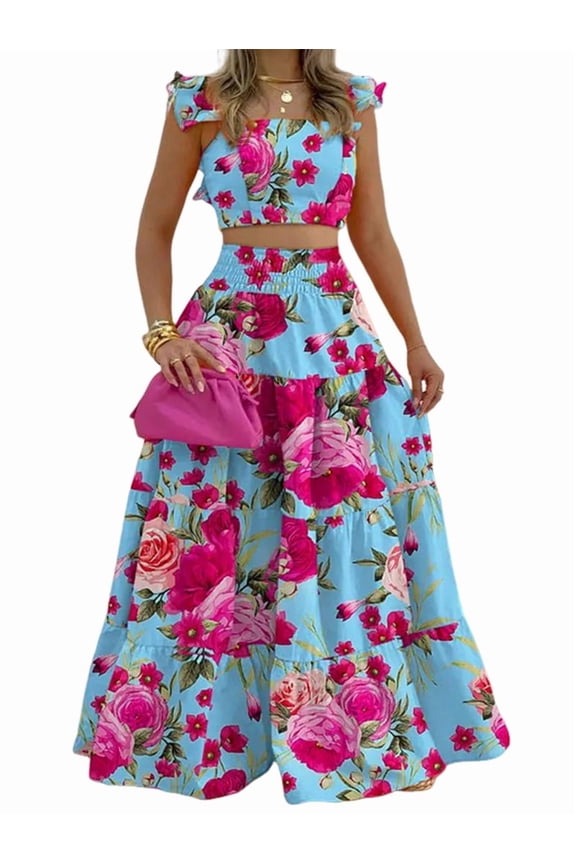 Women'S 2 Piece Outfits Spaghetti Strap Crop Top and Smocked Waist Ruffle Swing Long Skirt Set Pink Flowers M