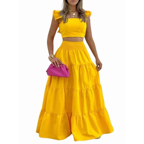 Women'S 2 Piece Outfits Spaghetti Strap Crop Top and Smocked Waist Ruffle Swing Long Skirt Set Yellow M