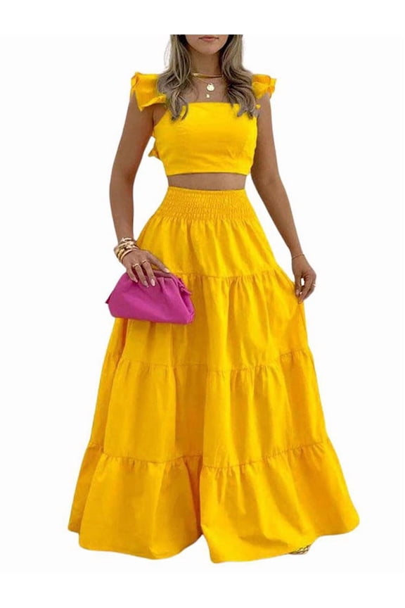 Women'S 2 Piece Outfits Spaghetti Strap Crop Top and Smocked Waist Ruffle Swing Long Skirt Set Yellow M