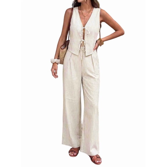 Women'S 2 Piece Outfits Striped Tie Front Sleeveless Peplum Tank Top and Wide Leg Pants Sets Khaki M