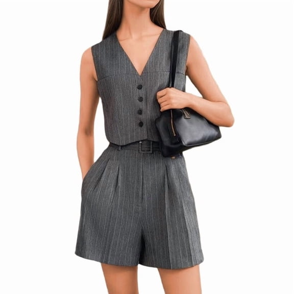 Women'S 2 Piece Outfits Summer 2025 Casual Clothes Sleeveless Button Down Vest Shorts Lounge Sets Dark Gray XL