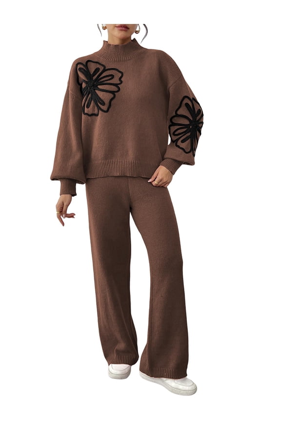 Women'S 2 Piece Outfits Sweater Lounge Sets Long Sleeve Knit Pullover and Wide Leg Pants Tracksuit Matching Set Brown M