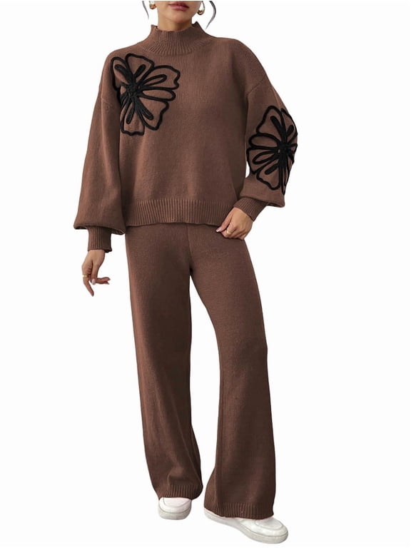 Women'S 2 Piece Outfits Sweater Lounge Sets Long Sleeve Knit Pullover and Wide Leg Pants Tracksuit Matching Set Brown M
