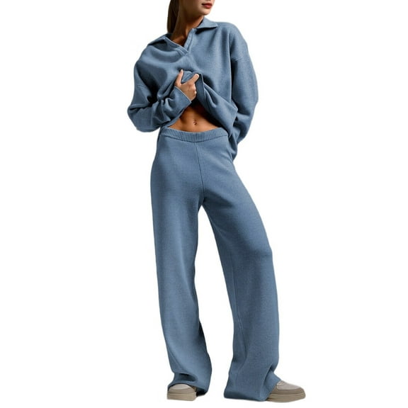 Women'S 2 Piece Outfits Sweater Set Wide Leg Pants V-Neck Sweatsuit Loungewear Blue S