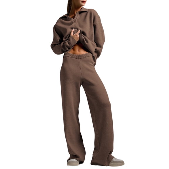 Women'S 2 Piece Outfits Sweater Set Wide Leg Pants V-Neck Sweatsuit Loungewear Brown M