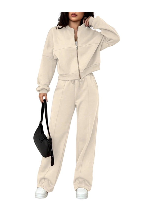 Women'S 2 Piece Outfits Sweatsuit Zip Up Long Sleeve Sweatshirt with Wide Leg Sweatpants Apricot Color S