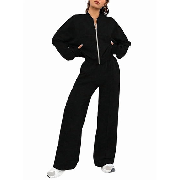 Women'S 2 Piece Outfits Sweatsuit Zip Up Long Sleeve Sweatshirt with Wide Leg Sweatpants Black M