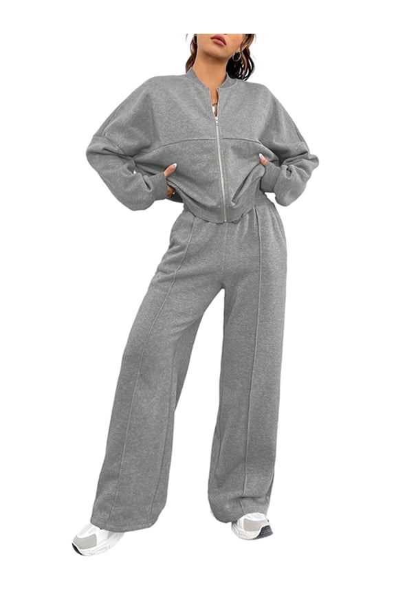 Women'S 2 Piece Outfits Sweatsuit Zip Up Long Sleeve Sweatshirt with Wide Leg Sweatpants Gray L