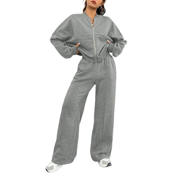 Women'S 2 Piece Outfits Sweatsuit Zip Up Long Sleeve Sweatshirt with Wide Leg Sweatpants Gray S