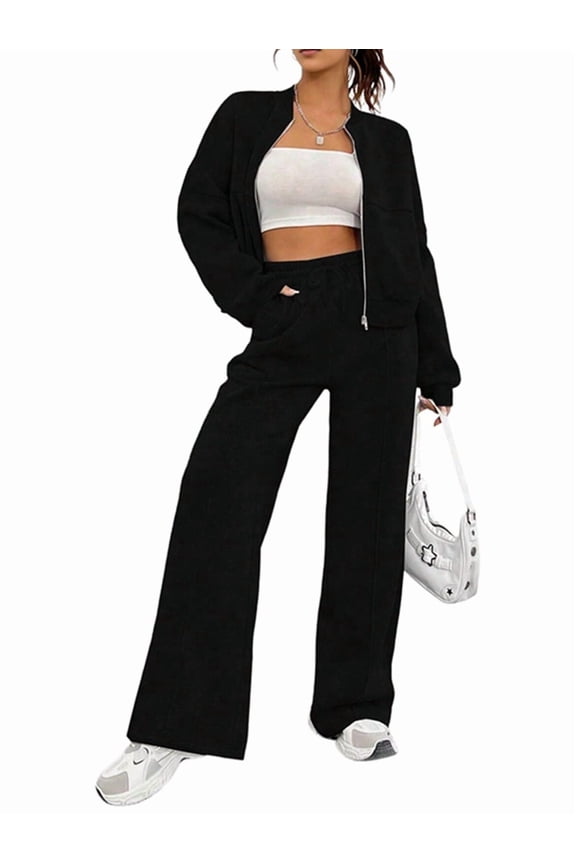 Women'S 2 Piece Outfits Sweatsuit Zip Up Long Sleeve Sweatshirt with Wide Leg Sweatpants