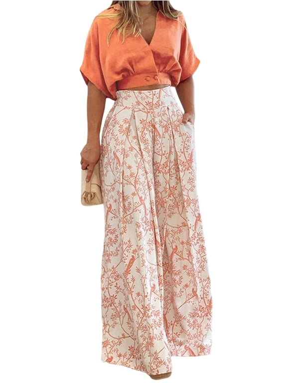 Women'S 2 Piece Outfits V Neck Crop Top and Wide Palazzo Pants Sets for Vacation Orange S