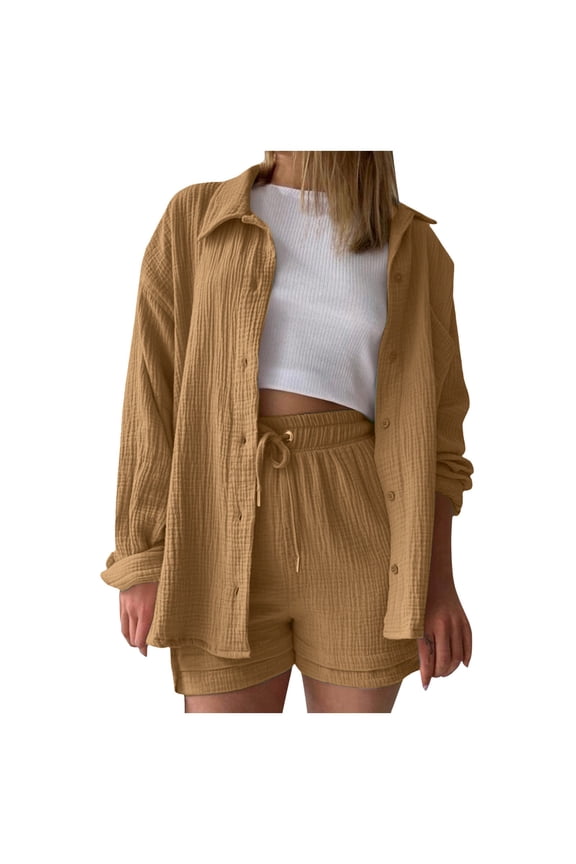Women'S 2 Piece Outfits Women's Casual Spring Fashion Set Long Sleeve Shirt and High Waist Drawstring Shorts Solid Two Piece Outfit