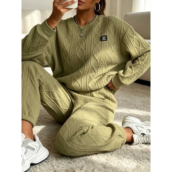Women'S 2 Piece Oversized Textured Sweatshirt & Joggers Set Cozy Cable Knit Loungewear, Trendy Winter Christmas Outfit Long Pants and Long-Sleeved Home Wear Set