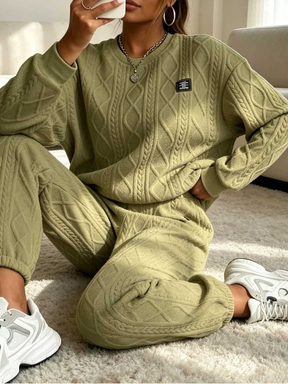 Women'S 2 Piece Oversized Textured Sweatshirt & Joggers Set Cozy Cable Knit Loungewear, Trendy Winter Christmas Outfit Long Pants and Long-Sleeved Home Wear Set