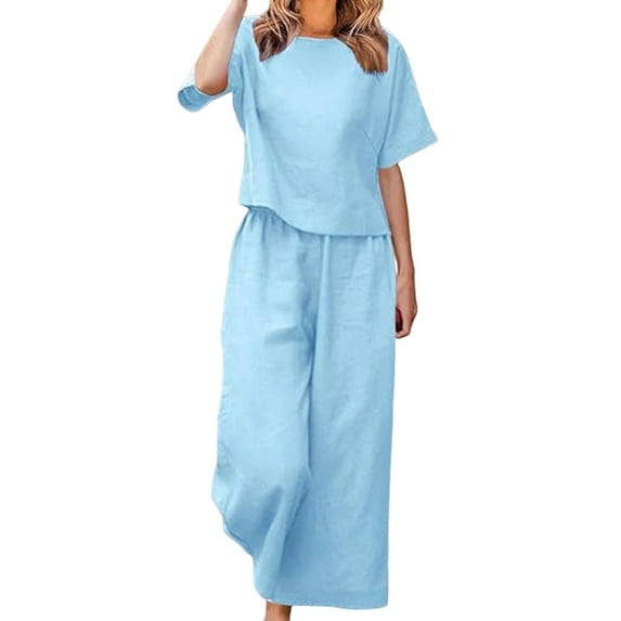 Women'S 2 Piece Set - Boat Neck Half Sleeve Top & Wide Leg Pants with Pockets, Casual for Work, Travel Blue 4XL