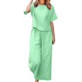 thumbnail image 1 of Women'S 2 Piece Set - Boat Neck Half Sleeve Top & Wide Leg Pants with Pockets, Casual for Work, Travel Light Green L, 1 of 4