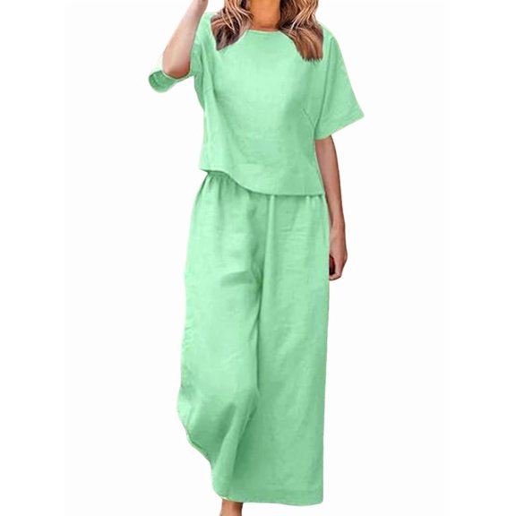 Women'S 2 Piece Set - Boat Neck Half Sleeve Top & Wide Leg Pants with Pockets, Casual for Work, Travel Light Green XL