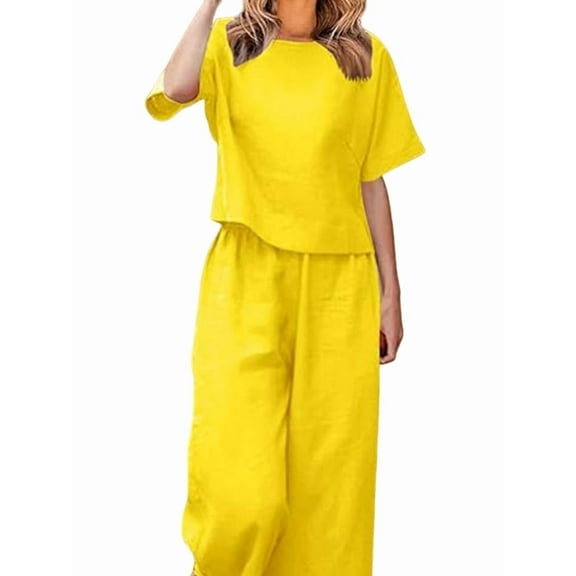 Women'S 2 Piece Set - Boat Neck Half Sleeve Top & Wide Leg Pants with Pockets, Casual for Work, Travel Yellow L
