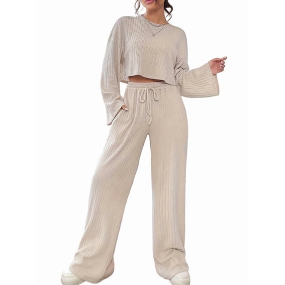 Women'S 2-Piece Set Cute Knitted Long-Sleeved Cropped Top T-Shirt and Wide-Leg Pants Casual Autumn Outfit Apricot S