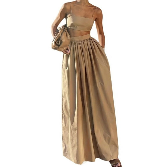 Women'S 2-Piece Set Sleeveless Strappy Tank A-Line Maxi Skirts Casual Pleated Beach Boho Maxi Skirt with Pocket Khaki L