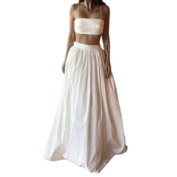 Women'S 2-Piece Set Sleeveless Strappy Tank A-Line Maxi Skirts Casual Pleated Beach Boho Maxi Skirt with Pocket White M