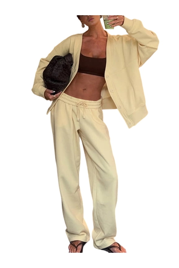 Women'S 2 Piece Sets Casual Round Neck Button-Down Cardigan with Wide Leg Pants Outfits Loungewear Sets Color S