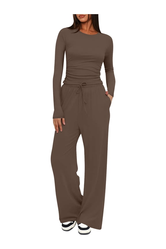Women'S 2 Piece Sets Fall Outfits Long Sleeve Wide Leg Tracksuits Casual Lounge Set Matching Sets Coffee Brown XXL