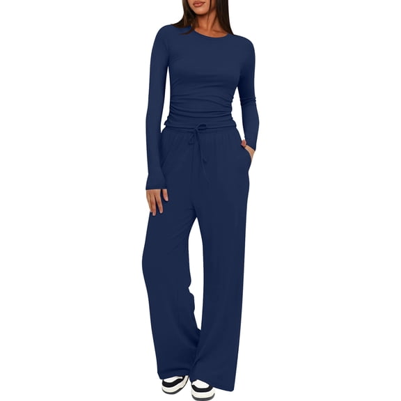 Women'S 2 Piece Sets Fall Outfits Long Sleeve Wide Leg Tracksuits Casual Lounge Set Matching Sets Dark Blue XL