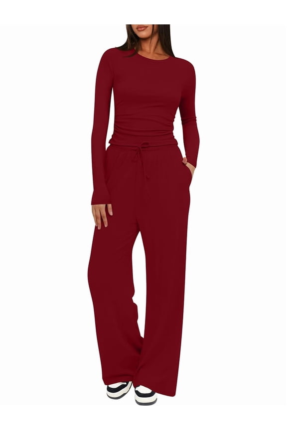 Women'S 2 Piece Sets Fall Outfits Long Sleeve Wide Leg Tracksuits Casual Lounge Set Matching Sets Wine Red M